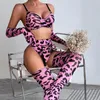 Bras Sets Yimunancy Leopard Print Lingerie Set Women 5-Piece Sensual Bra Panty Underwear Stockings Gloves Sexy Erotic