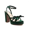 Sandales en velours velours élégant dames robe pompes été vert bordeaux bout ouvert cheville enveloppe fête épais talons hauts plate-forme femmes