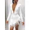 Casual Dresses Justchicc Feather White Deep V Neck Oregelbundna klänningar Kvinnor Mesh High Slit Bodycon Stitching Sexig Solid Party Club Dress2024