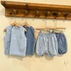 Комплекты одежды для мальчиков и девочек, летние джинсовые наряды без рукавов, детский жилет и шорты, 2 шт.