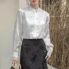 Damenblusen QOERLIN Frühling Herbst Chinesischen Stil Seide Weißes Hemd Frauen Stehkragen Langarm Slim-Fit Casual Top Bluse Weiblich