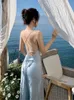 Casual Dresses 2024 Summer Sexy Ice Blue Satin Strap Backless Silk Dress