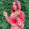 Mulheres rosa coração impressão veludo colheita hoodies zip up y2k manga longa recortada sweatshirts casaco 90s e menina jaqueta agasalho 240202