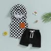 0421 Lioraitiin 03Years Baby Boy 2pcs Summer Outfits Checkerboard Print Mouwloze hoodie T -shirt Stretch shorts Set 240131