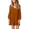 Casual Dresses Long-sleeved Pleated Dress Elegant V-neck Long Sleeve For Wear Solid Color Loose Comfortable Summer Women Any