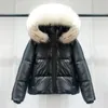 Couro feminino 2024 inverno grande real pele de guaxinim com capuz jaqueta falsa feminino engrossado quente impermeável acolchoado parka casaco de algodão brilhante