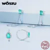 スタッドイヤリングWOSTU 925スターリングシルバーデューロップイヤークリップアアチェーン青緑色の透明なガラス