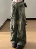 Kvinnors jeans Loose Retro Washed Cargo Streetwear Women Dragkedja Baggy Pants Hiphop Straight Multi-Pocket Wide Leg