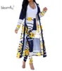 Blauw Geel Bloemenprint Sexy Tweedelige Set Dames Zomer Volledige Mouw Gestreepte Maxi Open Stitch Hoge Taille Lange Broek Outfit8915260