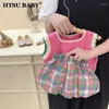 مجموعات الملابس Httu Baby Korean Girls Sweet Suits Summer Kids Knitted Hit Tank Top Plaid Flower Bud Shorts acts اثنين