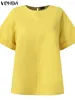レディースブラウス2024ヴォンダ女性サマーブラウスファッションソリッドバックスプリットパーティーシャツ半袖チュニックトップカジュアルルーズブルサフェムS-5XL