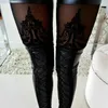 Kvinnor Pants Party Club Pu Long Leggings Black Lace Hollow Out Legging Leather Stretchy Skinny Pencil Trouser High midja