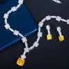 Super Shiny Big Square Yellow Cubic Zirconia Stone Wedding Bridal Necklace Earrings Party Costume Jewelry Sets for Women T0726 240202