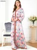 Vêtements ethniques Abayas pour femmes Dubai Robes de soirée V-Col V-Col à manches longues Élégant imprimé floral Ceinturé Kaftan Dames Abayat Ramadan