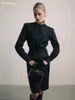 ワークドレスクレイシブファッションスリムストライププリント2ピースセット女性衣装2024ハイウエストスリットミディスカートセット付きエレガントな長袖シャツ