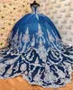 2024 Navy Blue Quinceanera 드레스 레이스 아플리크 스파게티 스트랩 채플 기차 코르셋 백인 16 생일 파티 무도회 공식 이브닝 밴드