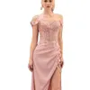 Pink Mermaid Formal Evening Dress Sexy Off Shoulder 3D Hand Made Flowers Runway Prom Party Gowns Side Split Robe de Soiree