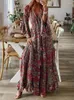 Robes décontractées Femmes Vintage Bohème Maxi 2024 Été V-cou Flare Manches Robe Femme Plage Imprimé Floral Grande Balançoire Longue