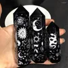 Decorative Figurines Carved Moon Star Snake Rune Obsidian Wand Point Tower Natural Crystal Stone Polished Healing Gemstones Reiki Feng Shui