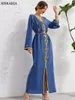 Lässige Kleider, Party, festliches Kleid für Damen, luxuriös, handgenäht, goldfarben, V-Ausschnitt, Diamant-Robe, Arabisch, Oman, Dubai, Marokkanischer Kaftan mit Gürtel