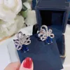 Stud Earrings Brand Pure 925 Sterling Silver Jewelry For Women Bowknot Blue Diamond Cute Crown Party