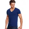 T-shirt da uomo Camicia con scollo a V tinta unita per uomo T-shirt elasticizzata a taglio basso Vee Top T-shirt slim fit manica corta Moda maschile Maglietta invisibile Canottiera estiva