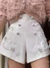 Shorts femininos máquina bordado frisado flor a-linha perna larga casual estilo coreano cintura alta duplo breasted emagrecimento