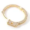 Hip Hop AAA Cubic Zirconia Paved Bling Ice Out Open Cuff Bangle Men Women Gold Color Lover Handcuff Bracelets Rapper Jewelry 240130