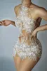 Stage Wear See Through Mesh Women Stunning Dress Party Birthday Sexy Carnival Rave Festival White Snow Pearl Performance Costume