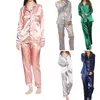 Ropa de dormir para mujer Conjunto de pijamas de seda satinada para mujer Camisa de manga larga Tops Pantalones Traje para el hogar Ropa de dormir