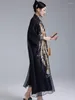 Vestidos casuales Estilo chino Hanfu Exquisito Phoenix Bordado para mujeres Retro Stand-up Collar Negro Elegante Fiesta suelta Midi Vestido