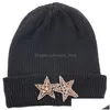 Beralar Erkek Kadın Kaşmir Örme Beanie Şapka 2 Elmas Yıldızları Rhinestone Aksesuarları Sıcak Sklies Beanies Plover Manşet Kapa Del De Dhyo6