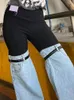 Frauen Jeans SHENGPALAE Patchwork Denim Hosen Frauen Runway Elastische Taille Gürtel Flare Hosen Y2k Kleidung 2024 Frühling Mode 5R538