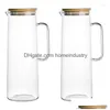 Water Bottles 2X 1.7L Glass Pitcher With Handle Bamboo Lid Heat Resistant Cold Kettle Capacity Tea Juice Jug Drop Delivery Dh93T