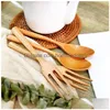 Dinnerware Sets 4Pcs Portable Long Handle Wooden Spoons Simple Natural Beech Soup Tableware For Eating Kitchen Drop Delivery Dh6Dm