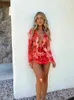 Casual Jurken Cnyishe Lente Mesh Gedrukt Vrouwen Mode Ruches Lange Flare Mouw Diepe V-hals Streetwear Schede Slanke Bodycon Vestidos