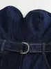 Frauen Schulterfrei Denim-Overall mit Gürtel ärmellos rückenfrei Reißverschluss gerade lange Overalls Sommermode Strampler Streetwear 240202