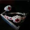 Halsbandörhängen Set Garnet Ruby Armband Antikpläterad kopparmetall Lady Carmine Zircon Flower Ring smycken Tillbehör för kvinnor