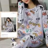 Pijamas femininos primavera outono tamanho 5xl pjs mulheres pijamas de poliéster de manga comprida conjuntos de homewear das mulheres dos desenhos animados pijamas casuais