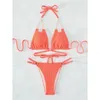 Roupa de banho feminina enrugada halter strappy bikini feminino maiô feminino conjunto de duas peças banhista natação v4332