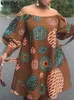 Casual Dresses VONDA Bohemian Women Floral Print Mini Dress 2024 Autumn Sexy Off Shoulder Long Lantern Sleeve Party Sundress Belted Loose