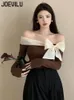 JOEVILU Off Shoulder Bow T-Shirt Women Sexy Exposed Clavicle Crop Top Spring and Autumn Korean Elegant Long Sleeve Bottom Shirts 240126