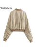 Women's Jackets Willshela Women Fashion Silk Solid Front Zipper Cropped Bomber Vintage V-Neck Long Sleeves Female Chic Lady Top Outfits