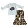 Ensembles de vêtements bébé fille enfant en bas âge jeu de balle à volants blanc manches longues football léopard cloche bas pantalon tenue en gros automne ensemble