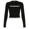 Women's T Shirts iamty Sweet Lace Patchwork Top Black Chic Elegant Square Collar Long Sleeve Tops Autumn Y2K Coquette Sticked Tees Women