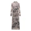 Повседневные платья TRAF 2024, женское платье, модное шелковое сетчатое платье с принтом, плиссированное миди с длинными рукавами, облегающее женское платье