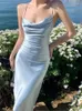 Casual Dresses 2024 Summer Sexy Ice Blue Satin Strap Backless Silk Dress