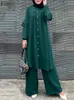 エスニック服ザンゼアの女性はイスラム教徒のワイドレッグズボンスーツソリッドロングトップパンツセットイスラムファッションアーバントラックスーツ2ピース