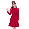 Roupas étnicas Chegada 2024 Ano Chinês Tradicional Qipao Roupas Modernas Melhoradas Manga Longa Vermelho Cheongsam Party Swing Dress 4XL