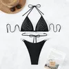 Damen-Bademode, glänzender Diamant-Patchwork-Bikini, 2024, zweiteilig, Bikini-Set, Badeanzug für Frauen, Schwarz, sexy Kette, Halter